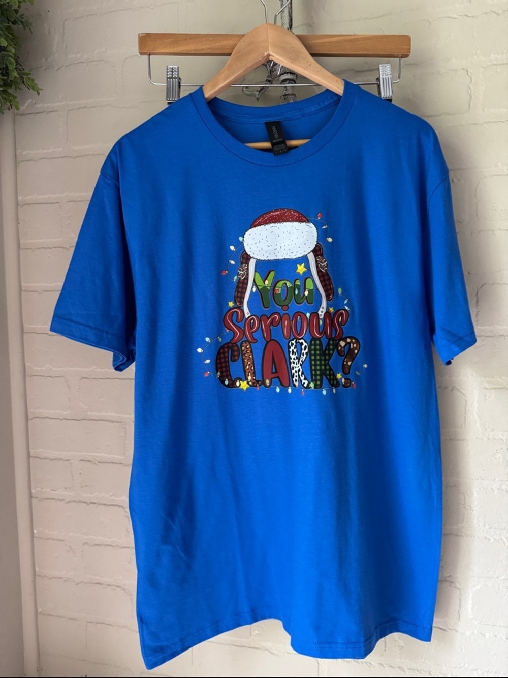 Blue shirt 'You Serious Clark?' Holiday tee lampoons vacation large or xl NEW